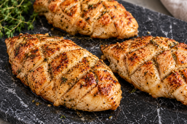 Golden seared chicken breasts on a plate, honey garlic chicken breast recipe