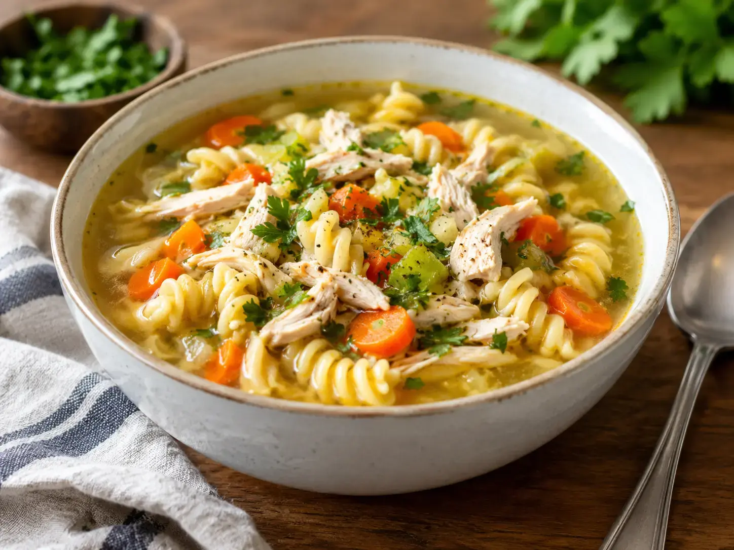 Chicken noodle soup recipe in a white bowl with shredded chicken, carrots, noodles and fresh parsley